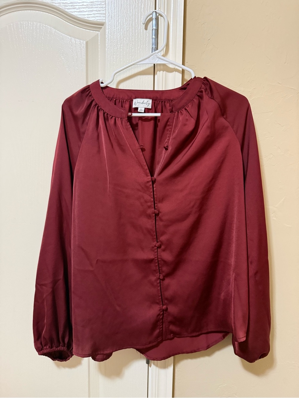 Wonderly Burgundy Satin Button-Front Blouse
